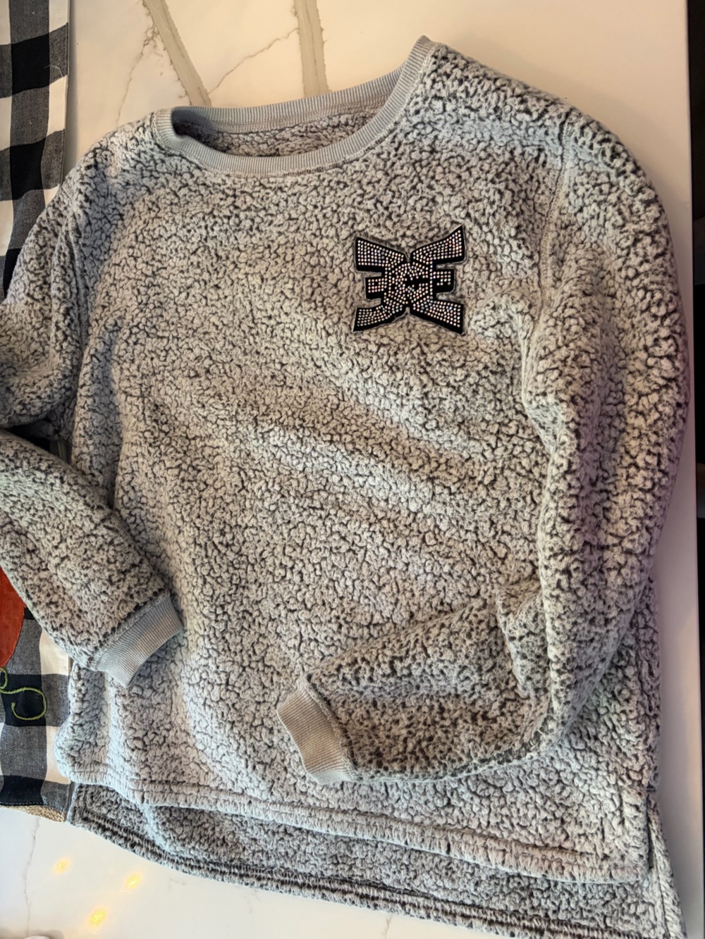 boxercraft women’s Teddy Sherpa sweatshirt in Light Gray with Embellished Patch
